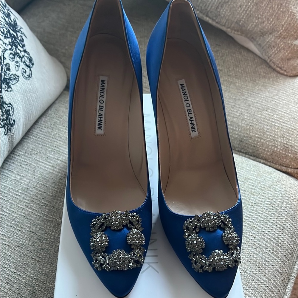 Manolo Blahnik Blue Heels with Crystal Embellishment